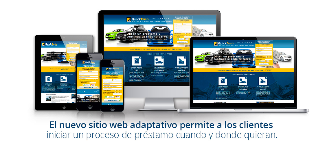 Diferentes dispositivos mostrando el sitio web adaptativo de la compañía de préstamos por título de auto 